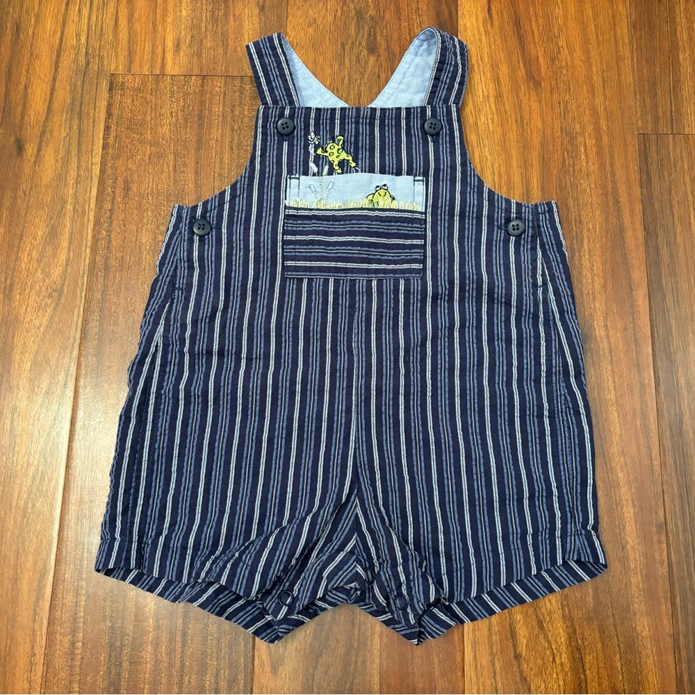Carters vintage blue stripe embroidered frog seersucker overall shorts